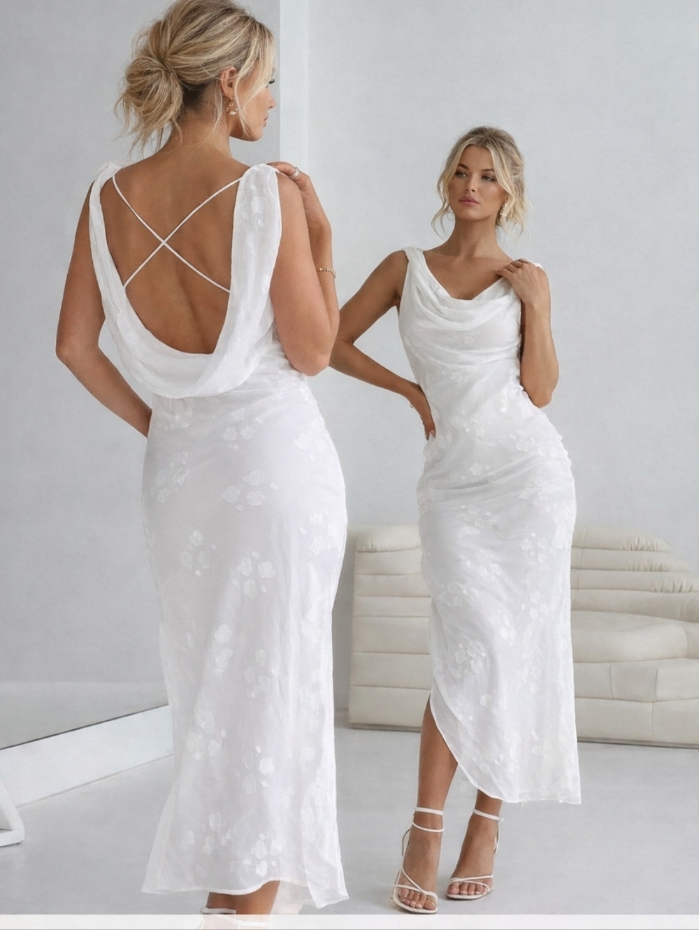 Elegant White Cowl Neck Slip Dress Size 8